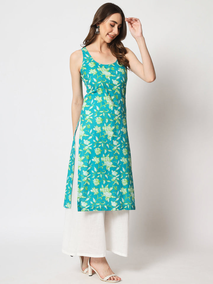 anokherang Combos Firozi Cotton Straight Kurti with White Palazzo