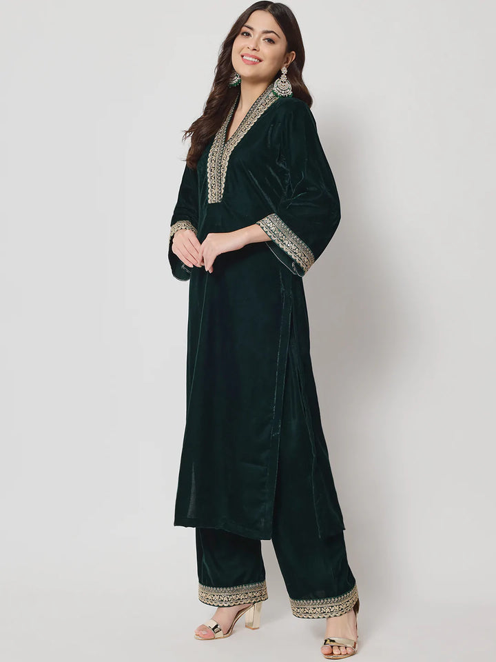 anokherang Combos Glamour Green Shawl Collar Kurti with Straight Pants