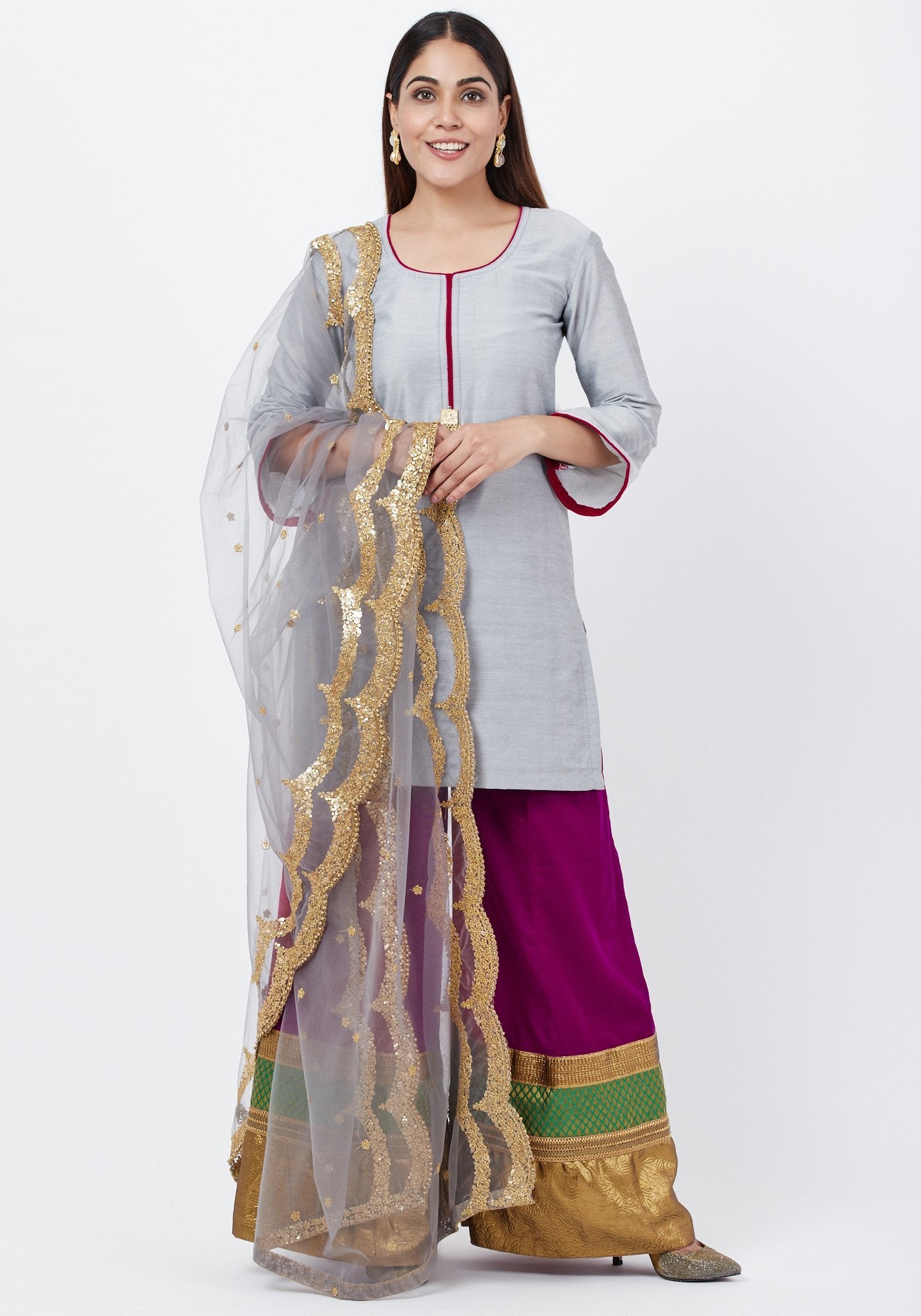 Gray Straight Short Kurti with Multi Border Velvet Palazzo and Gray Sc ...