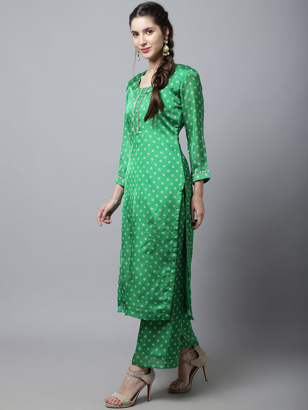 anokherang Combos Green Bandhani Straight Kurti With Straight Palazzo