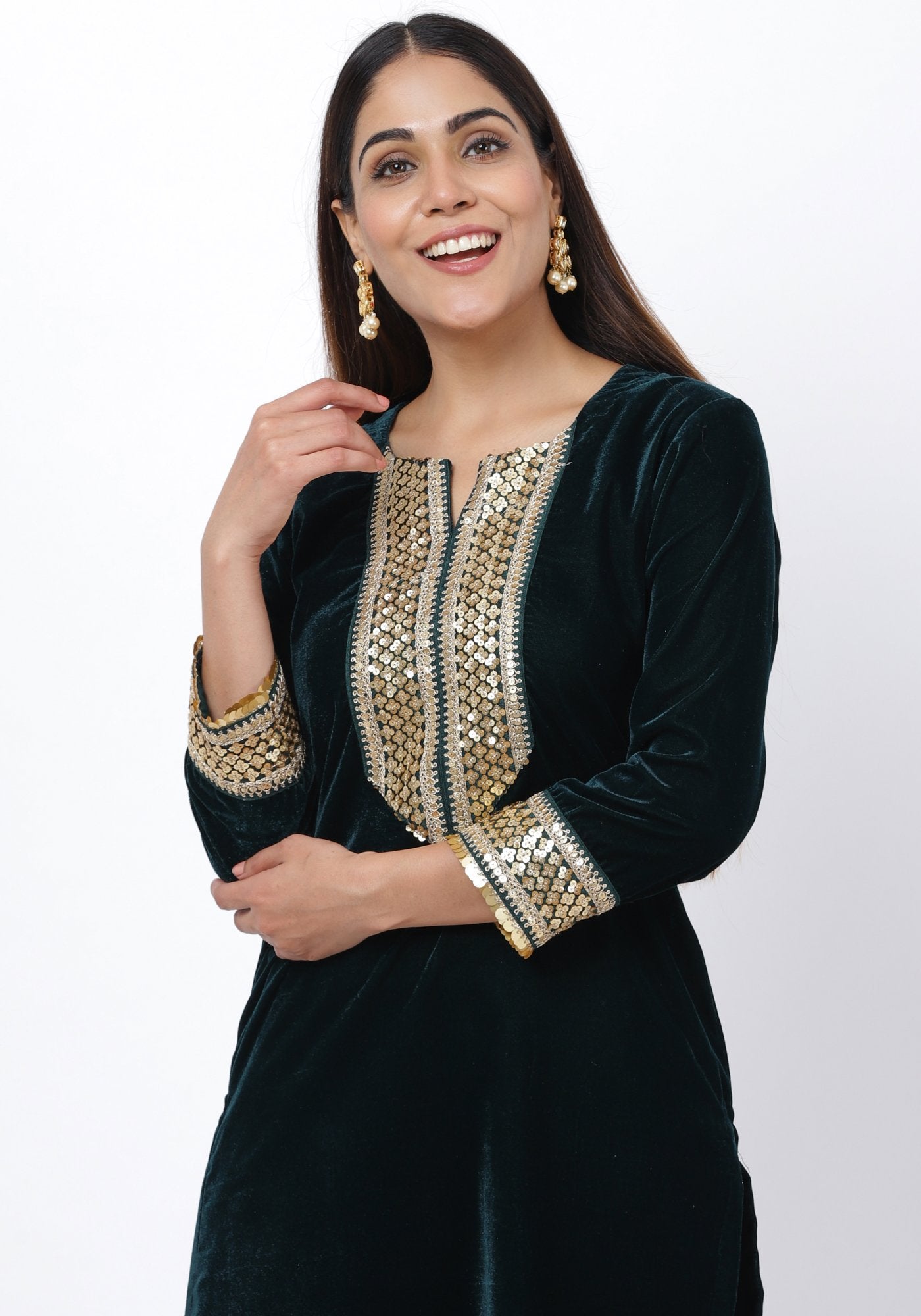 Green Festive Velvet Embroidered Kurti with Straight Velvet Pants ...