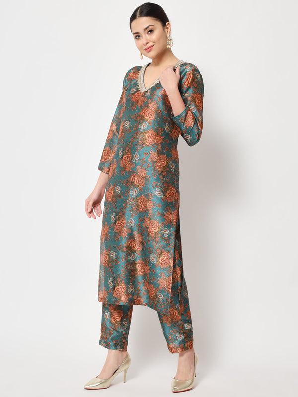 anokherang Combos Green Rust Floral Printed Silk Kurti