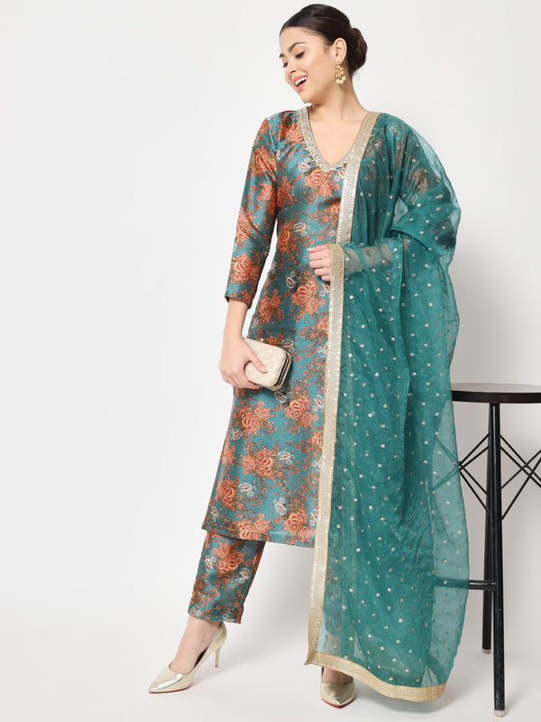 anokherang Combos Green Rust Floral Printed Silk Kurti with Pants and Organza Sequin Dupatta