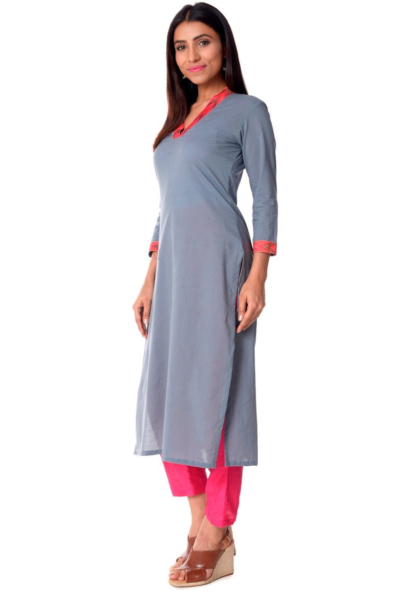 Grey Neck Embroidered Straight Kurti with Straight Pants – anokherang