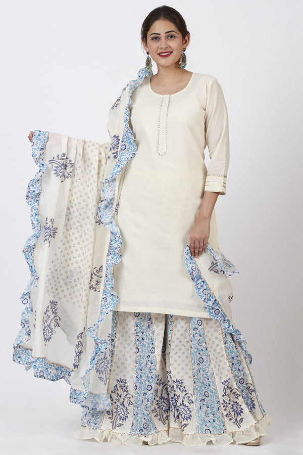 anokherang Combos Ivory Kurti with Printed Kali Ruffle Palazzo and Ruffle Dupatta