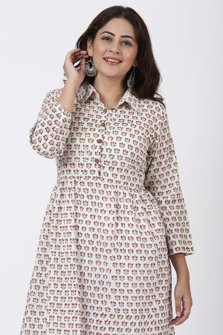 Ivory Printed Flared Cotton Gathered Kurti with Straight White Pants ...