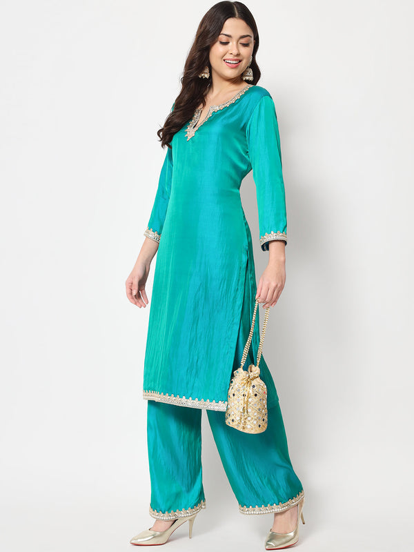 anokherang Combos Jade Green Straight Kurti with Flared Palazzo