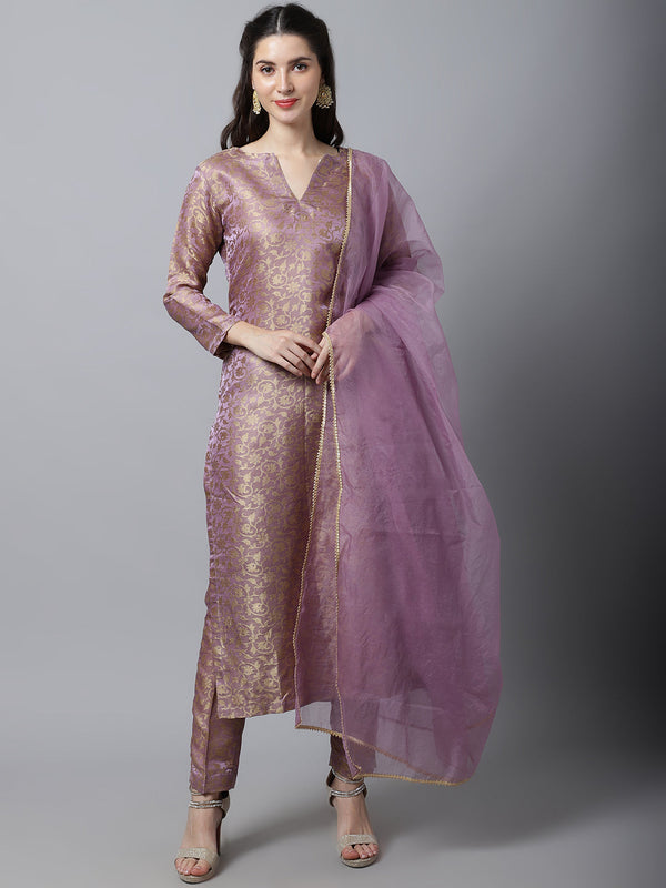 anokherang Combos Lilac Charm Brocade Straight Kurti with Straight Pants And Organza Dupatta