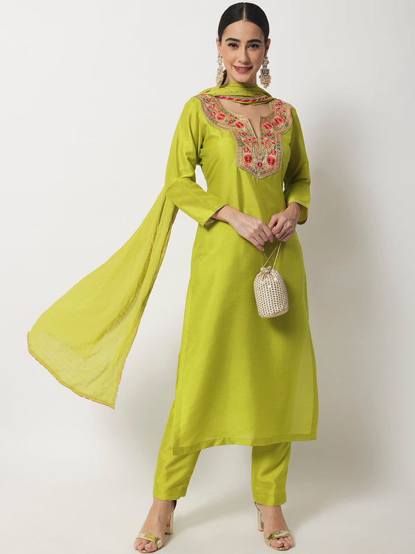 anokherang Combos Lime Green Floral Embroidered Kurti with Straight Pants and Chiffon Dupatta