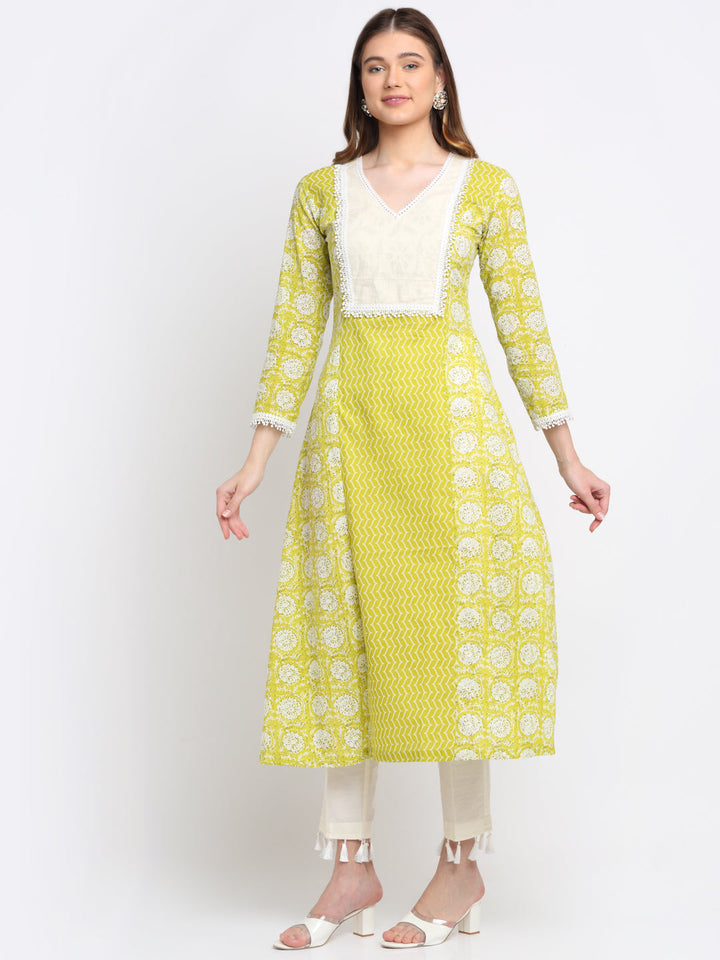 anokherang Combos Lime Green Floral Printed Panel Kurti