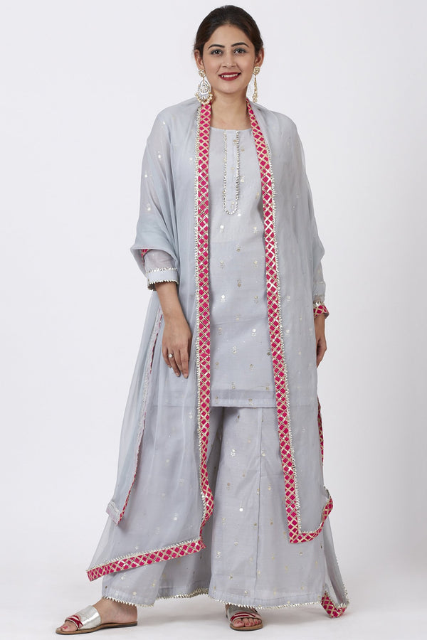 anokherang Combos Magical Gray Foil Printed Kurti with Flared Palazzo and Mokaish Chiffon Gotta Dupatta