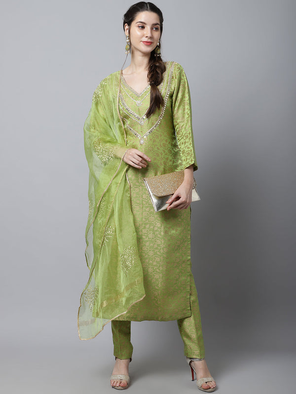 anokherang Combos Maharani Green Embroidered Kurti With Straight Pants And Organza Dupatta