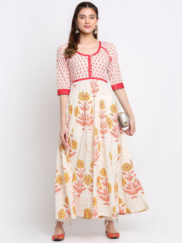 anokherang Combos Marigold Printed White Anarkali Kurti