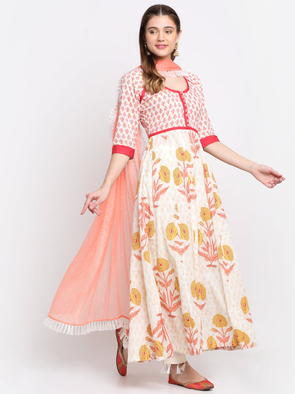 anokherang Combos Marigold Printed White Anarkali with Pants and Chiffon Dupatta