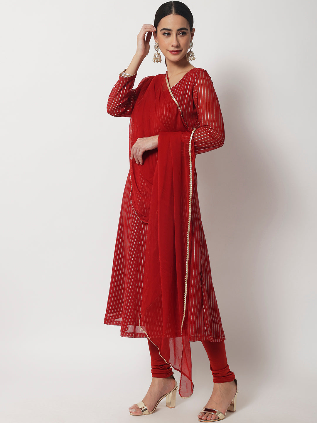 Maroon Glam Foil Lines Kurti With Chudidar and Chiffon Dupatta – anokherang