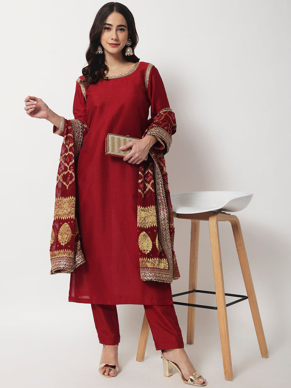 anokherang Combos Maroon Grace Silk Straight Kurti With Straight Pants and Banarasi Bandhej Dupatta