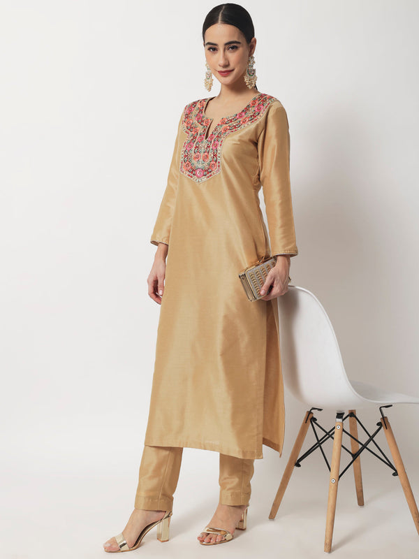 anokherang Combos Mellow Gold Embroidered Straight Kurti