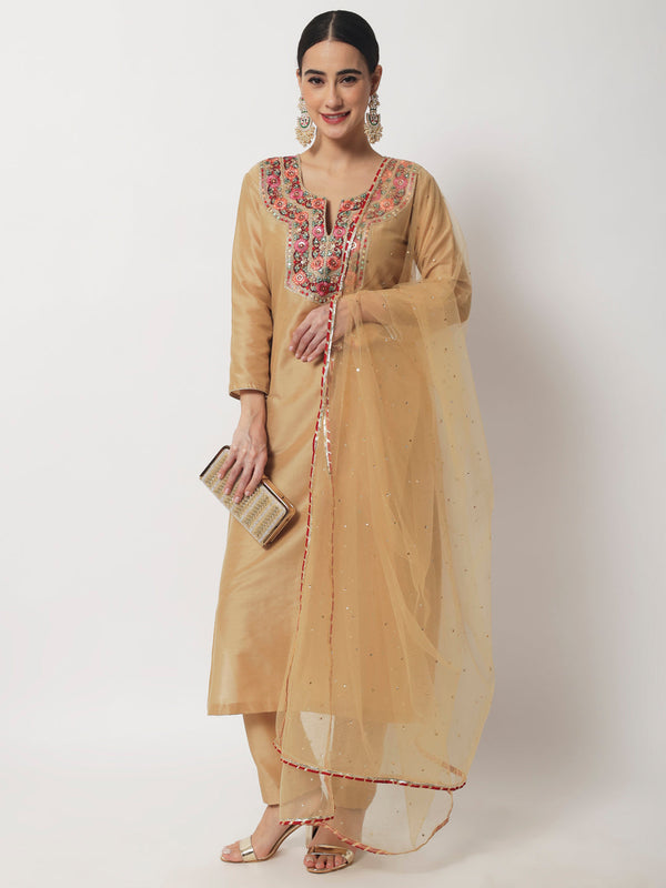 anokherang Combos Mellow Gold Embroidered Straight Kurti with Pants and Net Dupatta