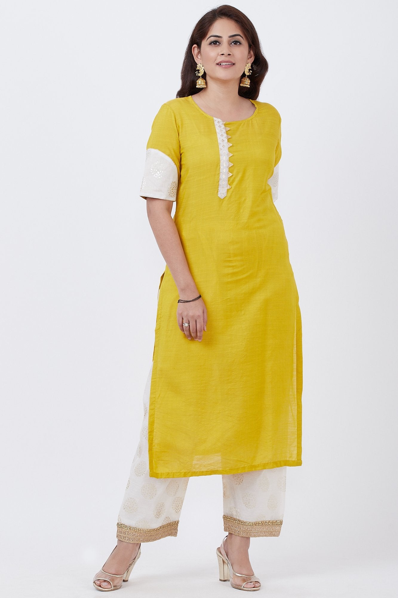 Mustard Foil Patched Kurti with Off-White Foil Palazzo – anokherang