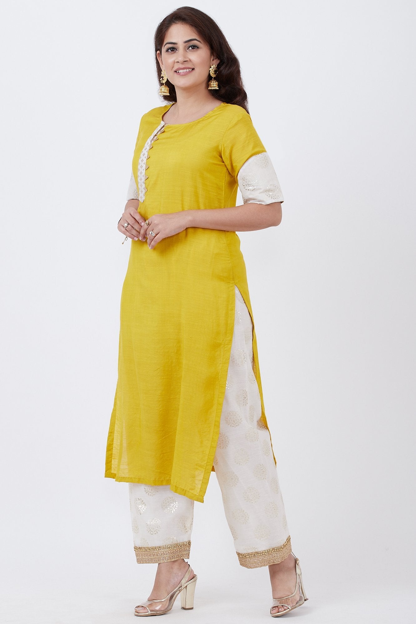 Mustard Foil Patched Kurti with Off-White Foil Palazzo – anokherang