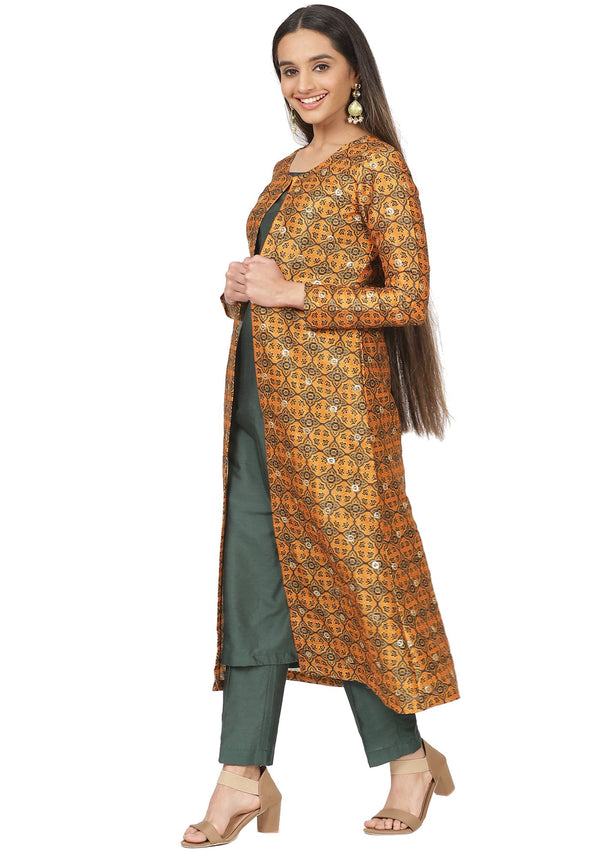 anokherang Combos Mustard Printed Jacket with Emerald Kurti and Straight Pants