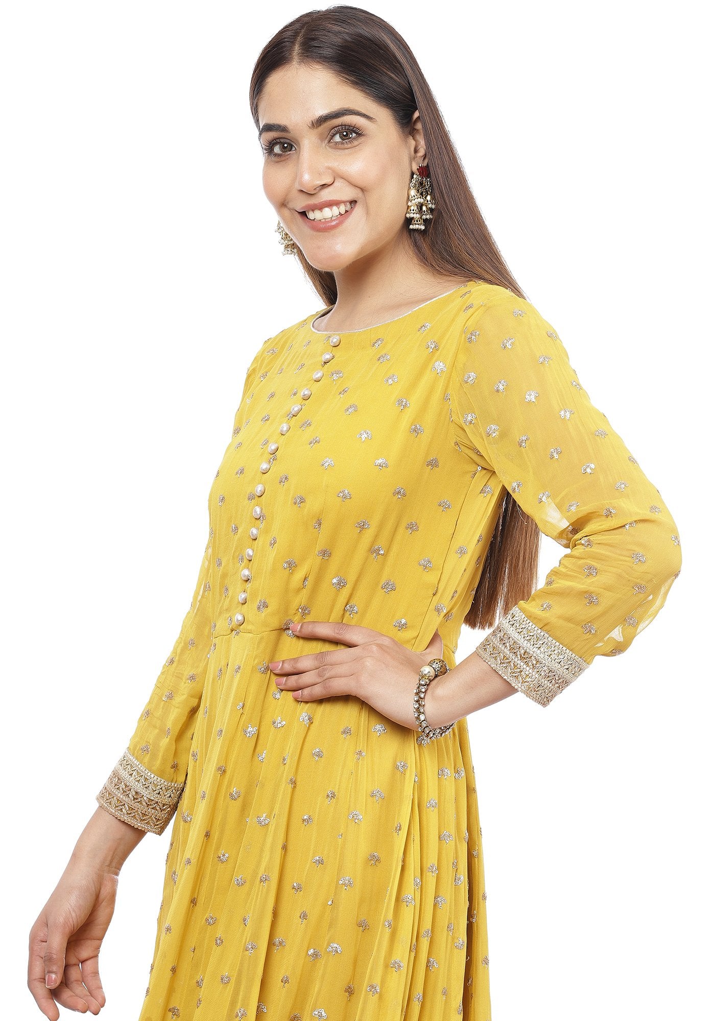 Mustard Yellow Sequence Anarkali with Churidaar – anokherang