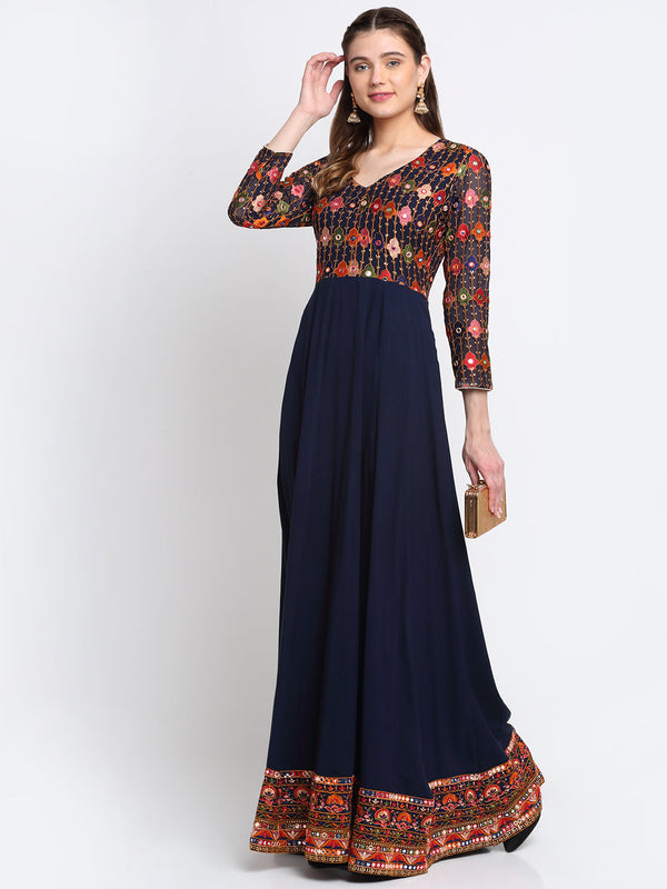 anokherang Combos Navy Blue Mirror Embroidered Floorlength