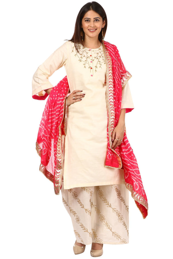 anokherang Combos Off-White Silk Embroidered Kurti and Off-White Floral Gota Palazzo with Pink Bandhni Dupatta