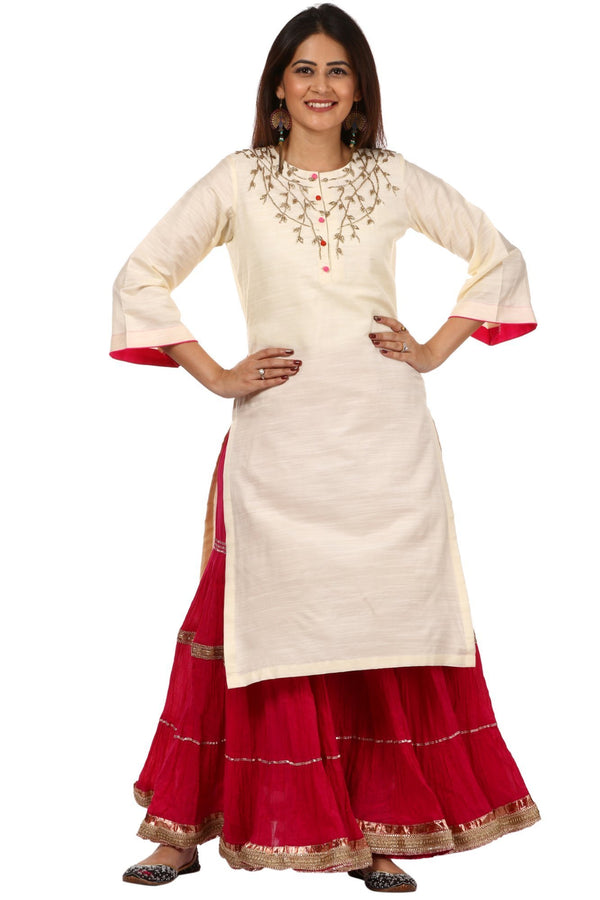 anokherang Combos Off-White Silk Embroidered Kurti with Pink Gota Gathered Sharara