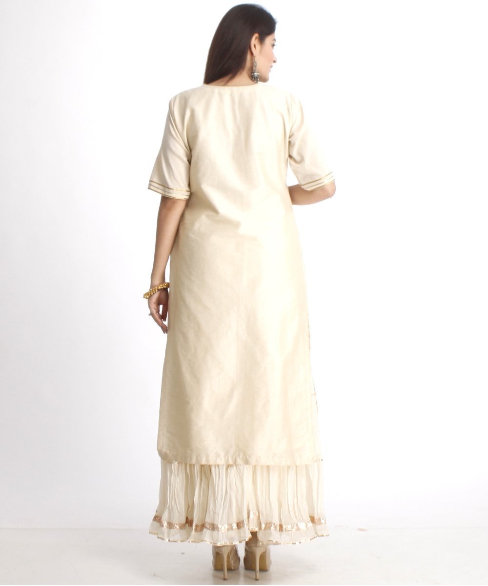 Off White Straight Kurti with Off White Gota Gathered Sharara and Off anokherang