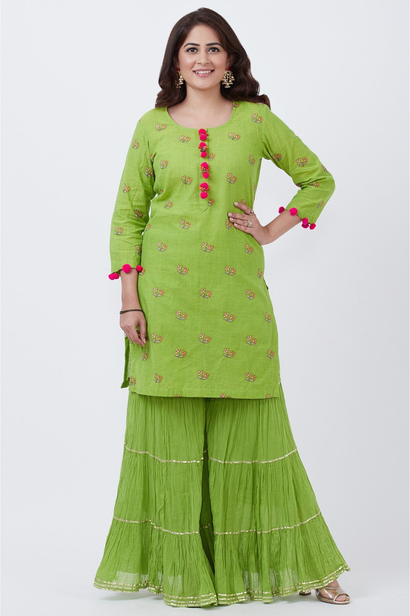 Parrot Green Cotton Embroidered Kurti with Crushed Cotton Sharara ...