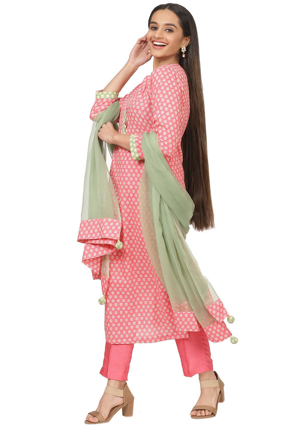 anokherang Combos Pastel Pink Printed Kurti with Straight Pants  and Moss Green Chiffon Dupatta