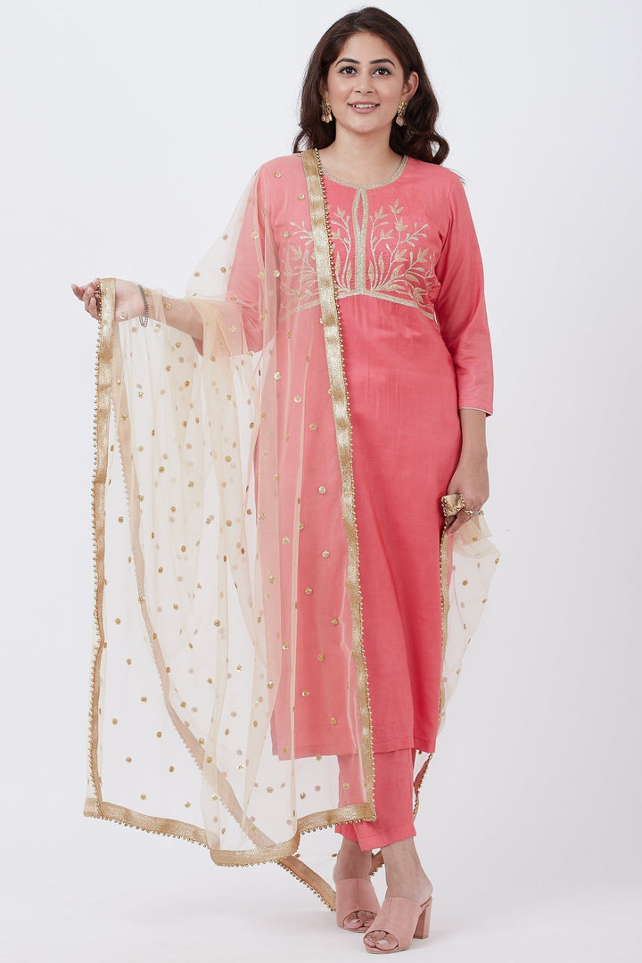 Peach Silk Embroidered Straight Kurti with Straight Pants and Gold Net ...