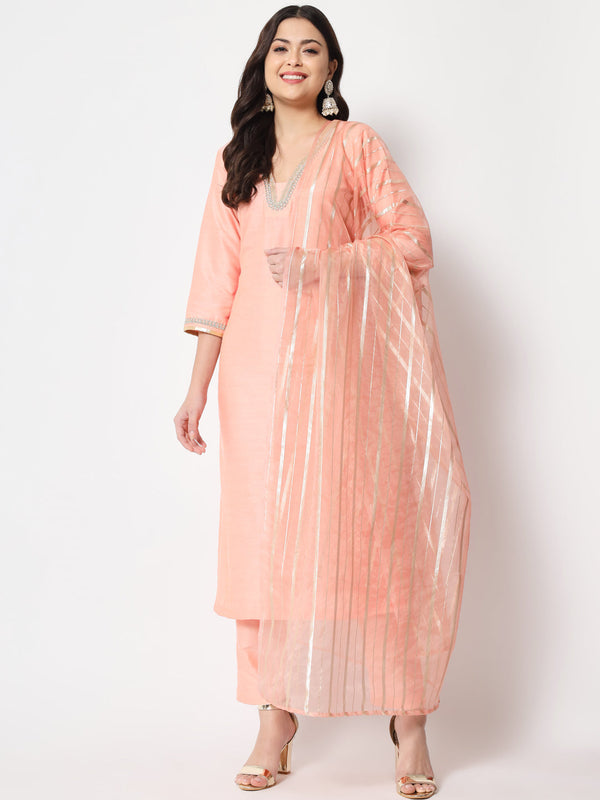 anokherang Combos Peach Smiles Straight Kurti with Pants and Dupatta