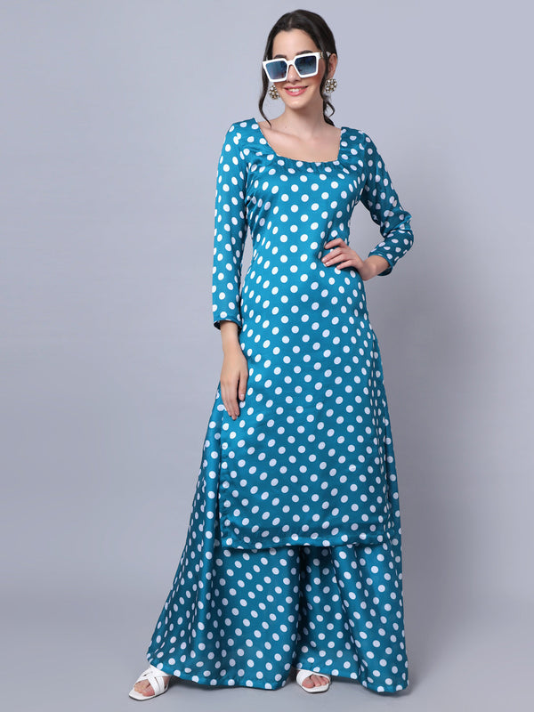 anokherang Combos Peppy Blue Polka Kurti with Gathered Palazzo