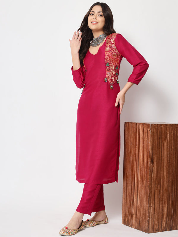 anokherang Combos Pink Jacket Style Straight Kurti with Pants