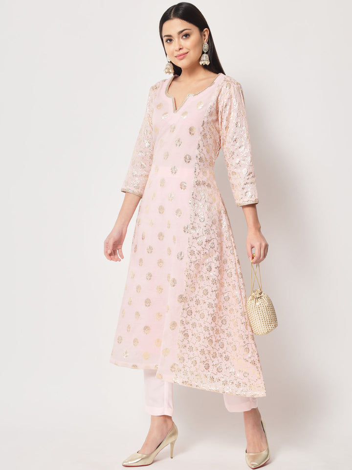 anokherang Combos Pink Lotus Chanderi Brocade A-Line Kurti with Pants