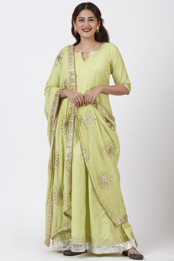 anokherang Combos Pista Green Gotta Floor Length Silk Kurti Dress with Gotta Patti Floral Chiffon Dupatta