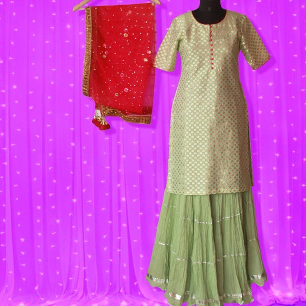 anokherang Combos Pista Green Short Kurti with Crushed Sharara and Carrot Pink Mirror Dupatta