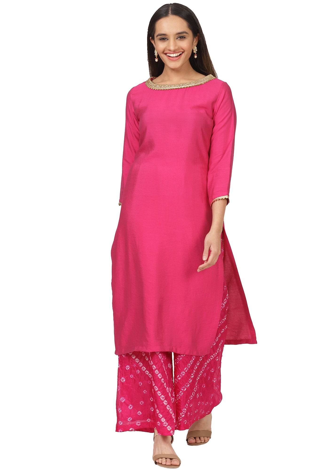 Pretty Pink Straight Kurti with Bandhani Palazzo – anokherang