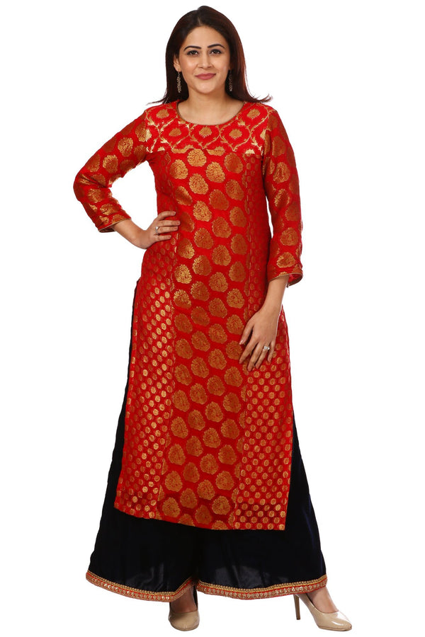 anokherang Combos Red Melange Georgette Banarasi Kurti and Navy Blue Kalidar Palazzo