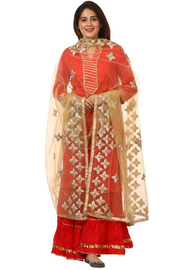 anokherang Combos Red Shine Kurti with Gotta Gathered Sharara and Gold Net Light Gold Gotta Dupatta