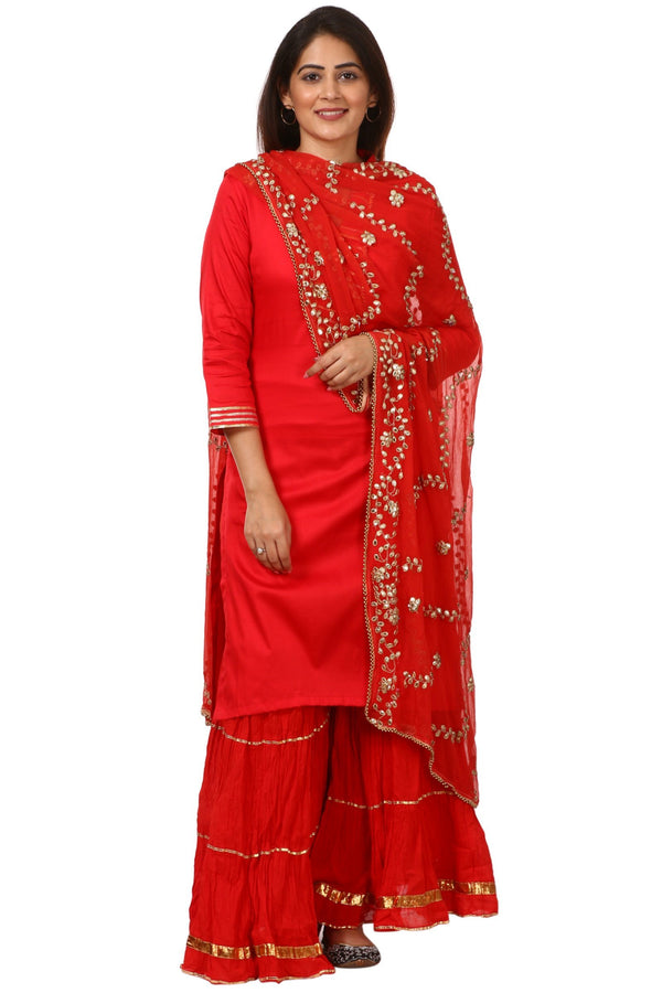 anokherang Combos Red Shine Kurti with Gotta Gathered Sharara and Red Gotta Patti Chiffon Dupatta