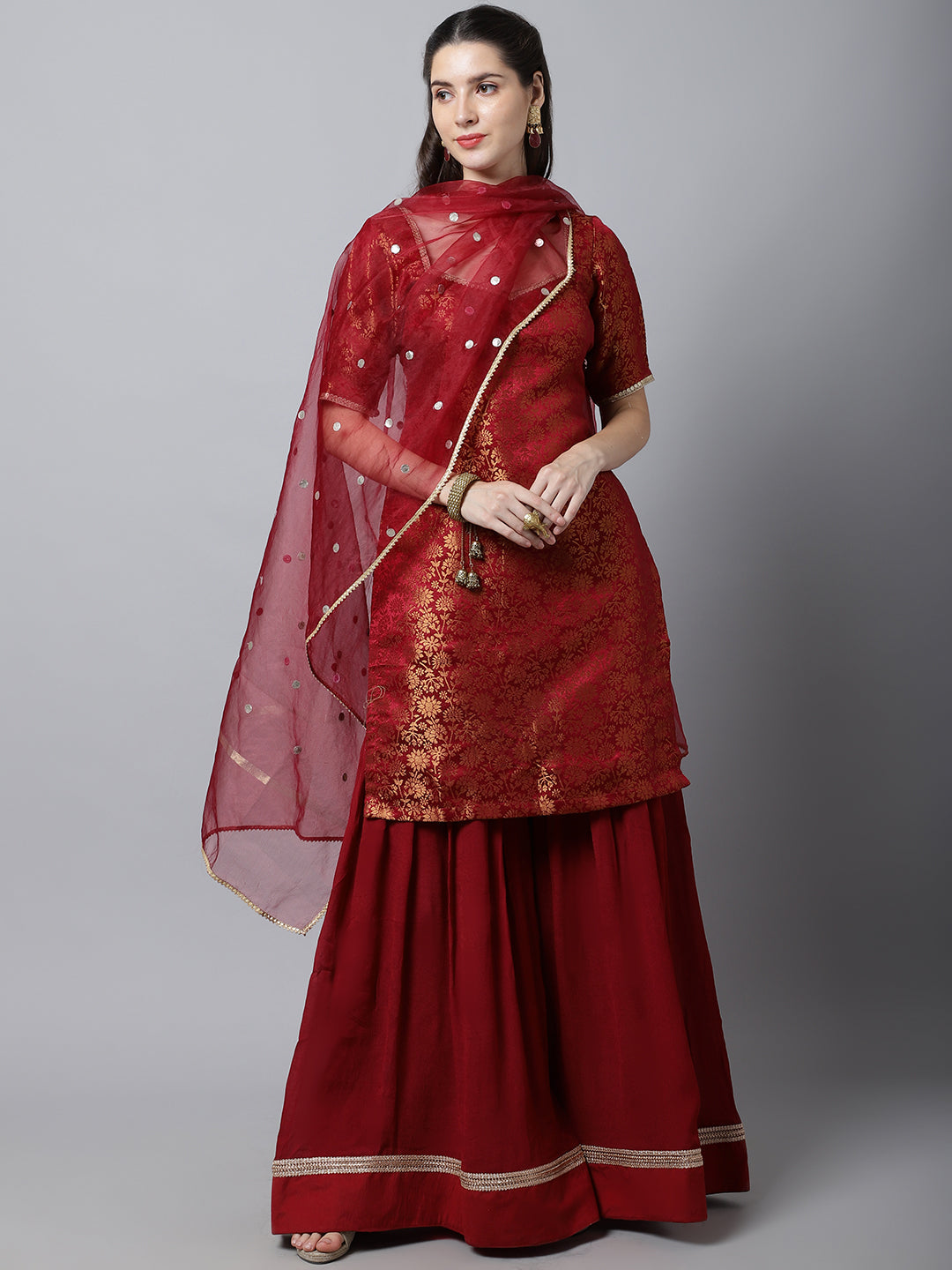 Wine Coloured brocade Kurti with contrast Orange Patiala Salwar and Ma –  Soyara Ethnics Studio