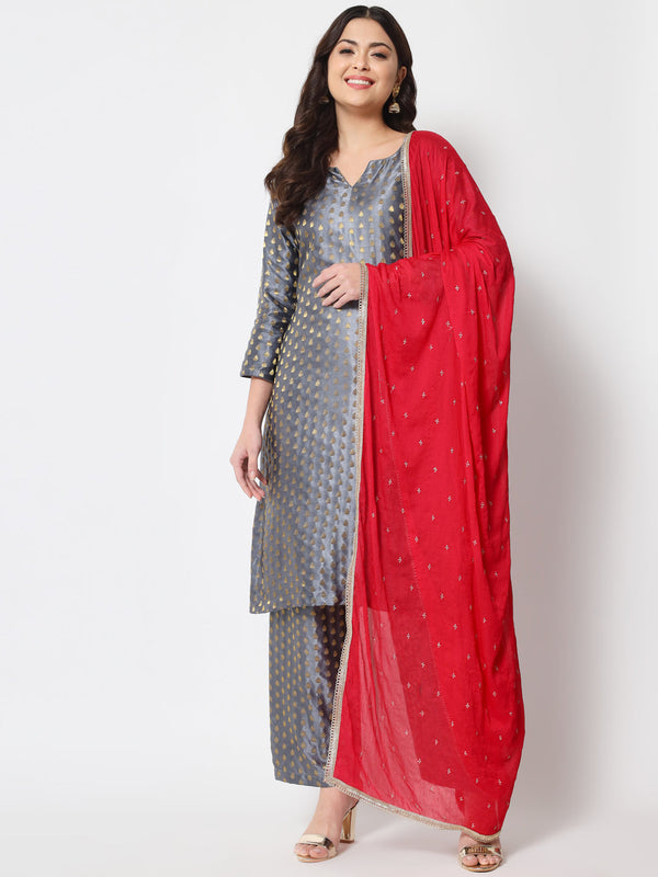 anokherang Combos Sahiba Gray Brocade with Straight Palazzo and Dupatta