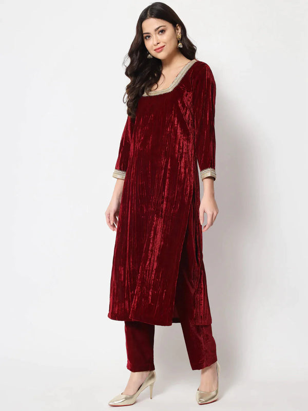 anokherang Combos Sangria Maroon Velvet Straight Kurti