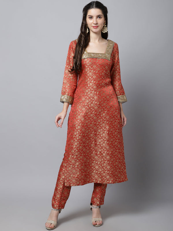 anokherang Combos Scarlet Red Brocade Kurti with Straight Pants