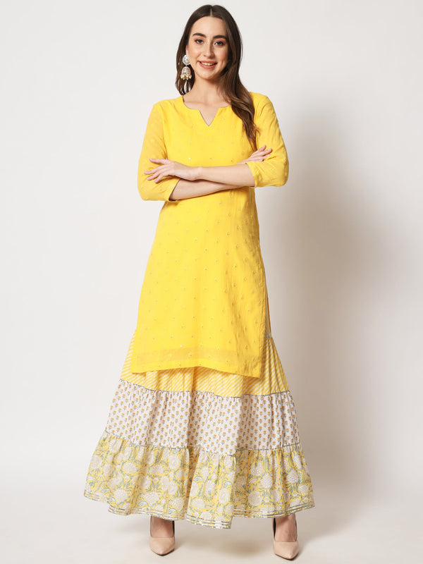 anokherang Combos Shades of Yellow Short Kurti With Printed Sharara