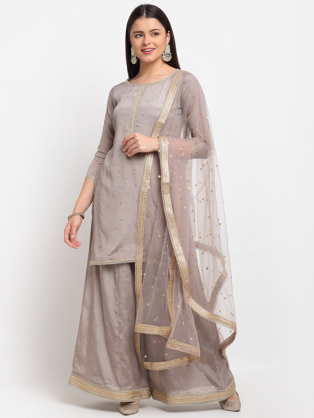 Shimmery Grey Short Kurti with Flared Palazzo and Sequin Dupatta ...