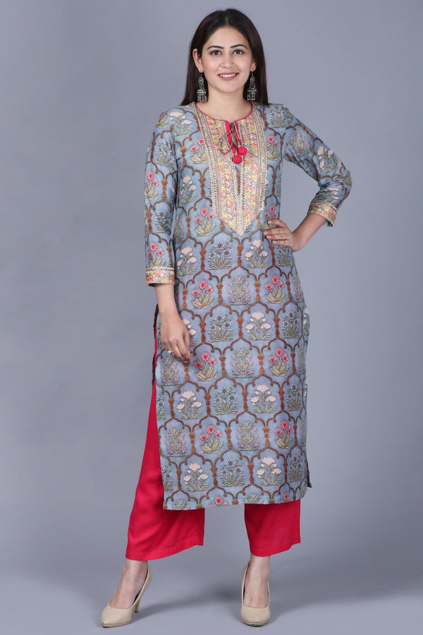 anokherang Combos Slate Gray Mughal Printed Gotta Straight Kurti with Straight Palazzo